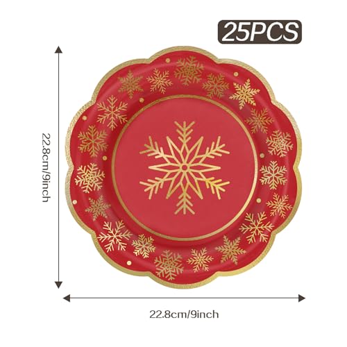 LeZakaa 25Pcs Christmas Paper Plates, Red Snowflake Gold Foil Stamped Finish Scalloped Edge Disposable Party Plates Decorative Tableware Supplies for Holiday Dinner Dessert, 9 Inch – Image 7