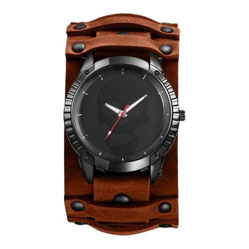JewelryWe Montre Homme Cuir Steampunk: Montre Bracelet Large Réglable en Cuir Véritable, Cadran Analogique Quartz avec Décor Crâne Style Vintage Accessoir...