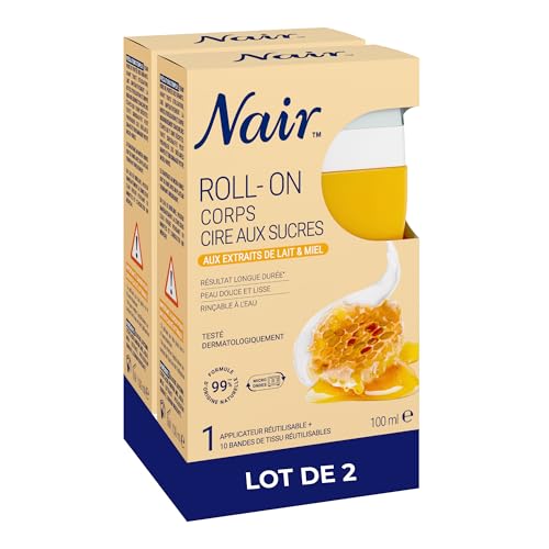 NAIR - Roll-On Cire au Sucre, aux extraits de Lait & Miel - Corps - Lot de 2 flacons de 100ml + 2x10 bandes réutilisables