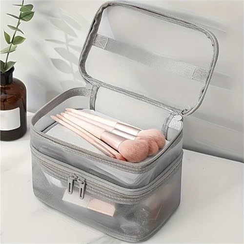 Pochette cosmétique double couche grise avec poignée pour rangement nomade - 6