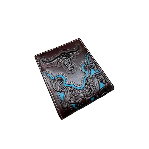 Urbalabs Mens Wallet Floral Longhorn Embossed Cowboy Western Leather Wallet High End Cut Out Layered Leather Style Mens Wallets Leather Bull Rider Rodeo Gifts For Men (Coffee & Teal)