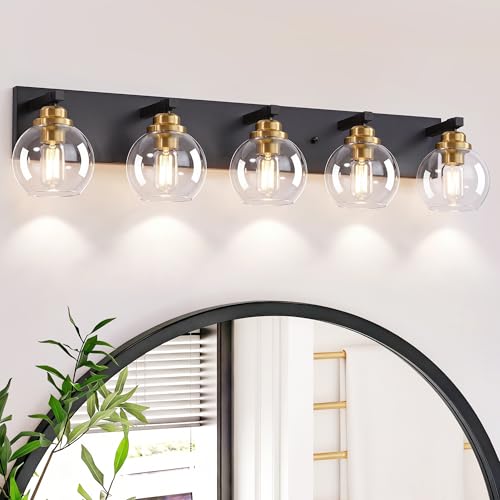 Image of LmnLvn Bathroom Light Fixtures, Farmhouse Black & Gold Metal with Globe