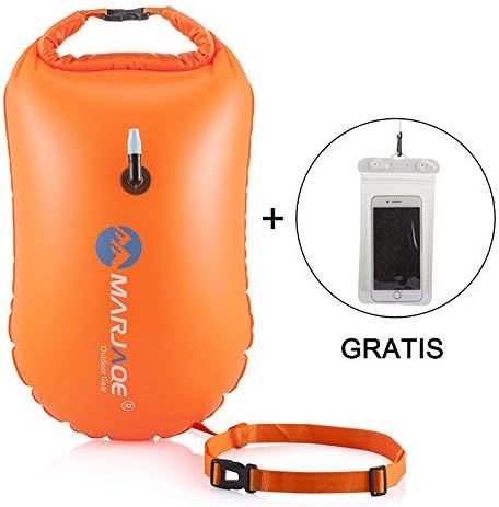 MARJAQE Swim Float for Open Water Swimmers and Triathletes with Dry Bag and Waterproof Cell Phone Case,Highly Visible Swim Safety Buoy for Safe Swim Training,0.35mm Eco-Friendly PVC (Orange)