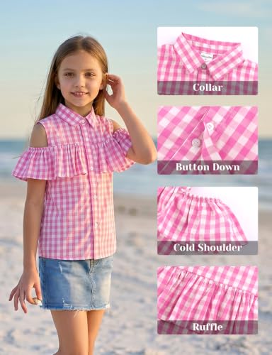 Image of Noomelfish Girls Ruffle Cold Shoulder Top Blouse Short Sleeve Button Down Shirts (4-12 Years)