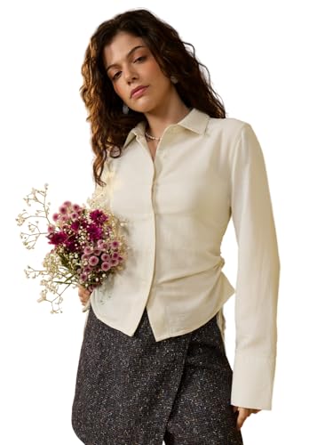 Chemise blanche pour femmes style décontracté chic avec manches longues et fronces latérales