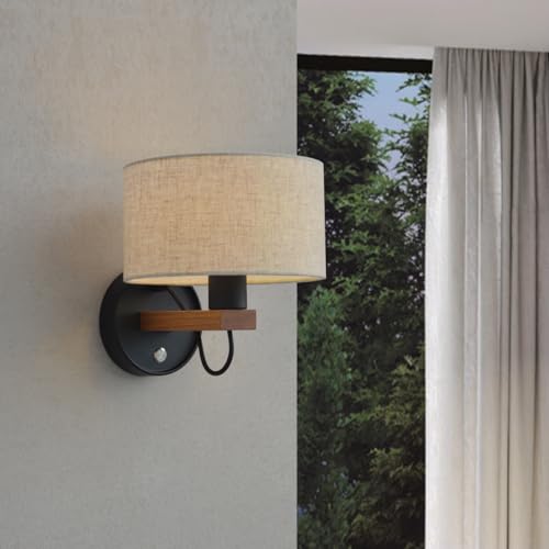 Lámpara de Pared Para Dormitorio,Aplique de Pared con Interruptor de Madera y Pantalla de Tela,Pantalla E27 de Estilo Vintage,Aplique Moderno Para Pasillo,Cama,Sala de Estar,Habitación de Huéspedes