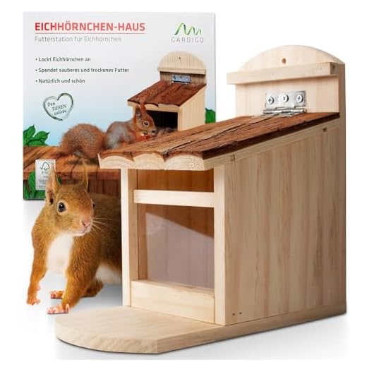 Gardigo Mangeoire pour Ecureuil Toit Ouvrant, Maison Bar Distributeur de Nourriture en Bois pour Plusieurs Animaux, Facile à Remplir et Nettoyer