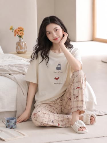 Image of Celary Women's Cotton Blend Printed Night Suit Set||Soft & Breathable Short Sleeve Top & Ethnic Print Pyjama Set||Also Available in Plus Size||Korean Night Suit||Comfortable Home Wear & Sleepwear