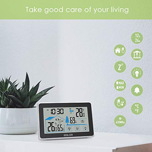 BALDR Wireless Indoor/Outdoor Thermometer & Hygrometer - Touch Screen Digital Weather Station with Room Temperature Monitor & Humidity Gauge Meter, Extended Backlit Display for Easy Viewing
