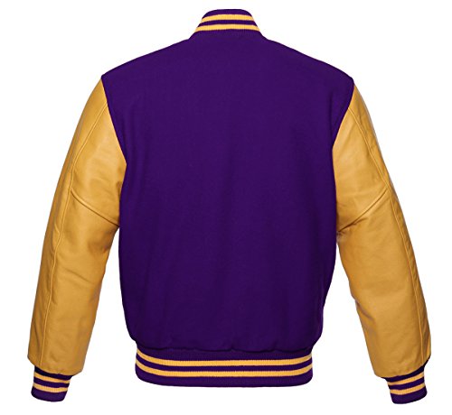 Image of Premium Letterman Baseball School College Bomber Varsity Jacket Purple & Gold Genuine Leather Sleeves