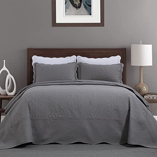 Hombys Oversized King 128X 120 Quilt Set, 3 Piece Lightweight Bedspread Bedding Set With Matching Shams, Grey #TOP26