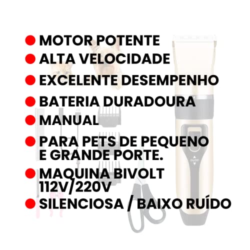 Maquina de Tosar Profissional Pet Cães e Gatos Sem Fio Ideal para Retoques, 4 Pentes de Altura, Cort