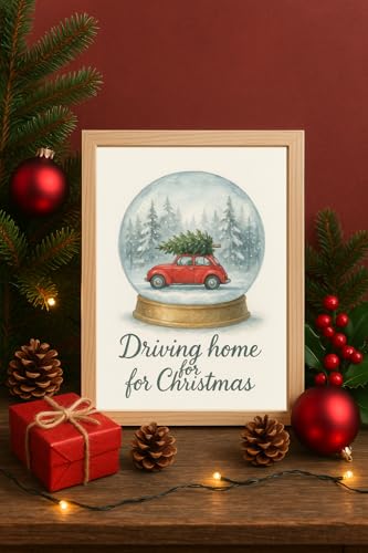 Image of JasonCarlMorgan WinsterCreations Driving Home for Christmas Snow Globe Wall Art – Red Car with Tree Winter Print A4 Normal