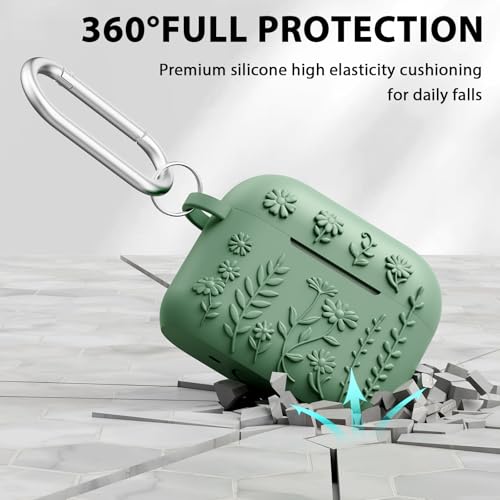 AIRSPO Airpod Pro 2nd Generation Case, 3D Floral Embossed Soft Silicone Protective Cover with Cleaner Kit for Apple Airpods Pro 2nd 1st Gen Case with Keychain (Green, Airpods Pro 2/Pro 1) by AIRSPO - Used condition - Image 3