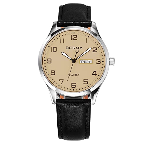 Montre à quartz pour homme BERNY avec bracelet en cuir gris et cadran élégant