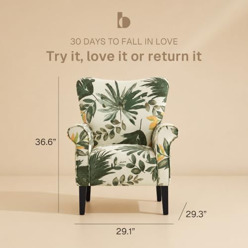 Image of BELLEZE Modern Accent Chair, High Back Armchair, Upholstered Wingback Side Chair, Padded Single Sofa with Wooden Legs for Living Room, Bedroom - Green Floral