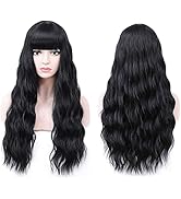 COSYMAY Black Wig with Bangs Synthetic Cosplay Women Wig 26 inch Long Wavy Curly Full Wig Glueles...
