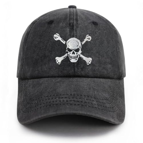 Gaakvrr Baseballkappe mit Totenkopf und gekreuzten Knochen, bestickte Skelettmütze, verstellbar, gewaschene Denim-Baumwolle, Schwarz, Totenkopfmütze