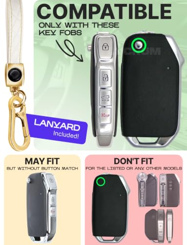 Image of Lucrum Key Fob Cover for Kia, TPU KeyFob Case & Leather Keychain | Fits ONLY FLIP Cadenza Forte K5 Niro Seltos Sorento Soul Sportage, 4 Button Keyfob Case (2018-2025) - White and Gold