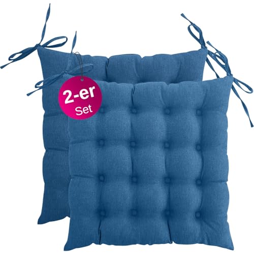 wometo Lot de 2 Coussins d'assise Chaise oekoTex 40x40 cm Coton - Turquoise Bleu Coussin d'assise Aspect Lin Rembourrage Coussin d'assise avec lanières