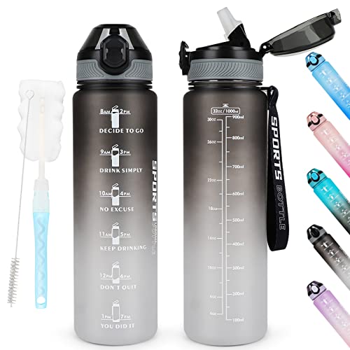 AOHAN Bouteille d'eau de 1 L sans BPA avec paille, passe au lave-vaisselle, couvercle anti-fuite, bouteille d'eau motivante avec marquages de temps, non toxique