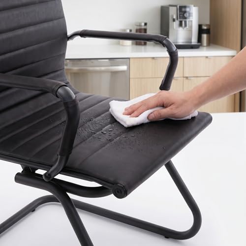Image of HNY Leather Office Guest Chairs & Reception Chairs Set of 4, Modern Waiting Room Chairs with Arms, Desk Chair no Wheels with Sled Base for Waiting Room /Conference Room, Retro Black