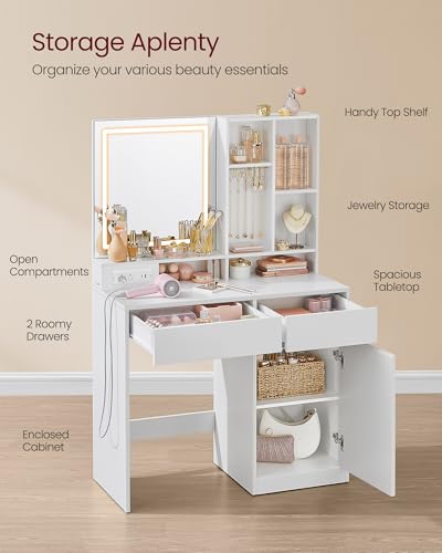 Image of VASAGLE KAILYN Collection - 35.4-Inch Vanity Desk with Mirror and Lights, Power Outlets, Modern Vanity Table, Jewelry Storage, Adjustable Shelves, for Bedroom, Cloud White URDT132WB03S
