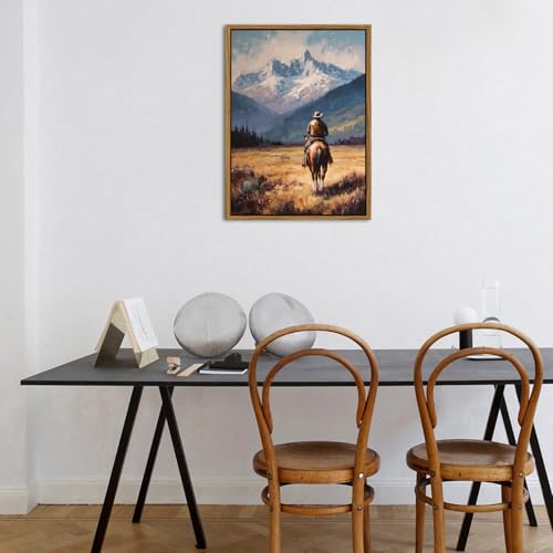 Image of Western Wall Art Vintage Cowboy Framed Canvas Prints Western Home Decor | 16x24 inch Rustic Western Horse Rider Artwork for Living Room Bedroom Office Fall Mountain Landscape Painting Country Wall Decor