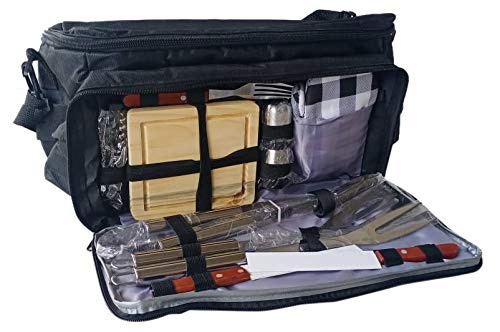 PROTISSERIE – Perfect Gift for a Loved One – 12 Piece FOOD GRADE BBQ Tools set in Portable Cooler Bag (BLACK) | Insulated Waterproof Storage Cooler Bag + Food Grade Stainless Steel BBQ Grill Tool Set – COST PRICE SALE