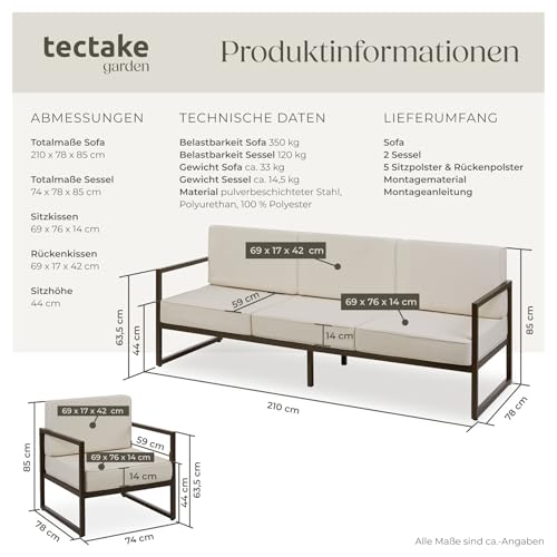 tectake® Gartenlounge Outdoor Set, Sofa 3 Sitzer 2X Gartensessel, Relaxsessel Garten mit Gartenbank, Gartenmöbel, Balkonmöbel… – Ansicht 6