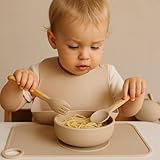 C|UTE – Kindergeschirr personalisiert mit Namen | Schüssel mit Saugnapf & Kinderbesteck (Esslernlöffel, Gabel) graviert | BPA-frei | Geschenk Babygeschirr ab 12 Monate (Taupe, Set ohne Lätzchen)
