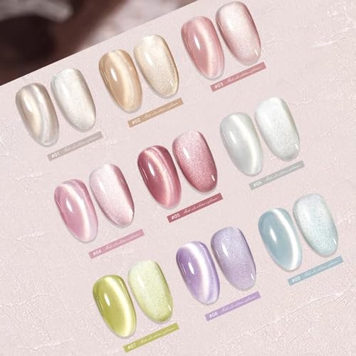 Silk Cat Eye Gel Nail Polish Set Of 9 Colors Ceramic Moonlight Glitter Reflective Shimmer White Orange Green Blue Purple Red Jelly Magnetic French Gel Polish Kit (Full Set Of 9 Colors)