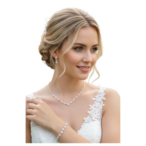 ONDEGO® 3er Set SILBER GLITZER Strass Schmuck Kette Schmuckset Armband Hochzeit Collier Halskette Brautschmuck Kommunion Ball Abiball