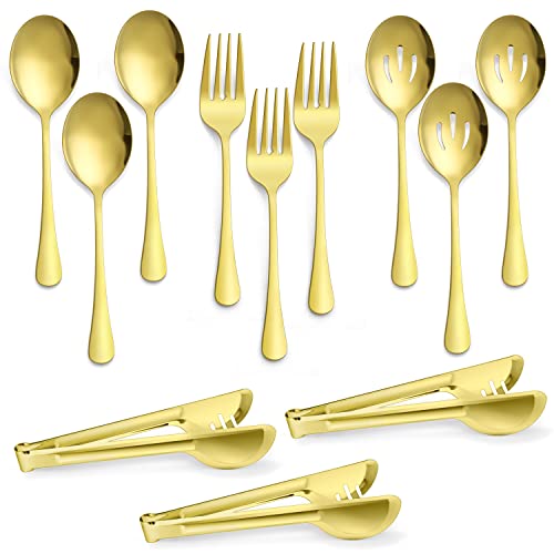 Large Gold Serving Utensils Set of 12, E-far Stainless Steel 9.8 Inch Serving Spoons Slotted Spoon, 9.9 Inch Forks, 9.4 Inch Tong for Buffet Catering, Mirror Finish & Dishwasher Safe