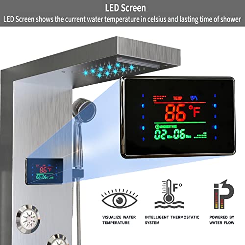 Cheersoon Led Shower Panel,Stainless Steel Shower Tower System With Auto Thermostatic Valve,Wall-Mount Complete Shower Column With 5 Function,Brushed Nickel #TOP2