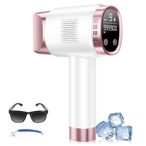 Épilateur Lumière Pulsée avec Système de Refroidissement, Écran Tactile LCD, 9 Niveaux et Lumière Rouge 600 nm, 999900 Flashs, Épilation Laser pour Femmes, Visage, Bras, Maillot, Corps, Rose