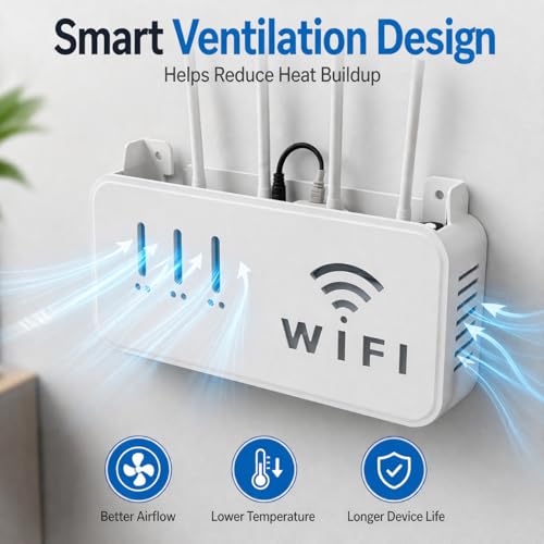 Image of WiFi Router Wall Mount Holder | No Drill Self Adhesive Shelf | Cable Organizer Stand for Router, Set Top Box & Remote | Space Saving Wall Shelf for Home & Office | WHITE ( PACK OF 1 )