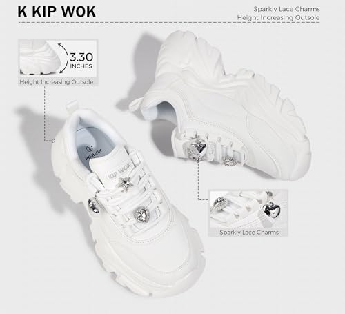 Image of K KIP WOK Chunky Sneakers for Women Fashion Platform White Leather Casual Dad Shoes Comfortable Wedge Walking Sport Sneakers