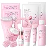 Set de Cuidado Facial Sakura 12 Piezas,Set de Cuidado Diario de la Piel con Limpiador,Tónico,Sérum,Crema Facial,Mascarilla Labial,Mascarilla Facial y Accesorios,para Adolescentes y Mujeres