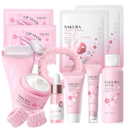 12 Stück Sakura Gesichtspflege Set Hautpflegeset Mädchen Mit Cleanser Toner Serum Augen Serum Creme Lippenmaske Gesichtsmaske Gesichtsroller Hasenstirnband Pamper Geschenkset Frauen Teenager