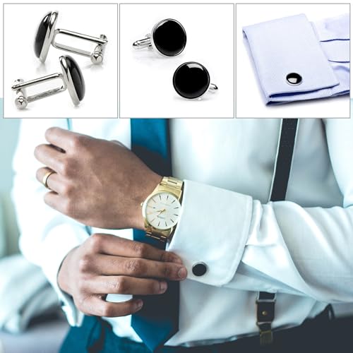Cufflinks for Men, Tuxedo Studs and Cufflinks Set, Classic Black Gold CuffLinks Luxury Box Gift Ideas for Mens2