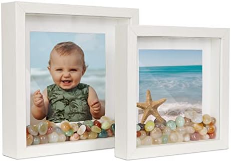 Shampsen White Shadow Box Frame 8x8 7x7 Square Box Frame with Mat, for 5x5 6x6 Pictures, for Wall and Tabletop Gift for Christmas, New Year, Birthday, Anniversary, Mother's Day, Set of 2