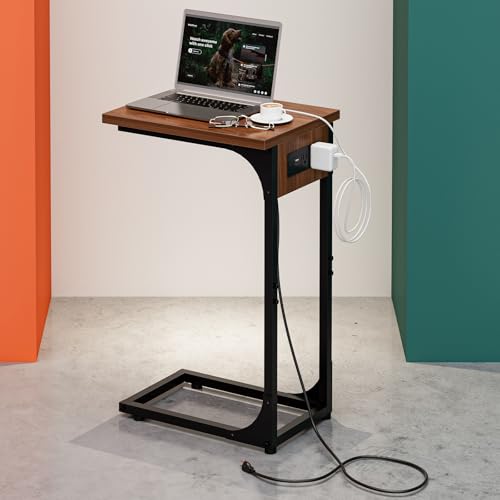 Image of C-Shaped Side Table for Couch - Small Coffee Stand Sofa Tray Desk with Metal Frame Waterproof Scratch Resistant Wood Top and Built-in Charging Station, Rustic Walnut