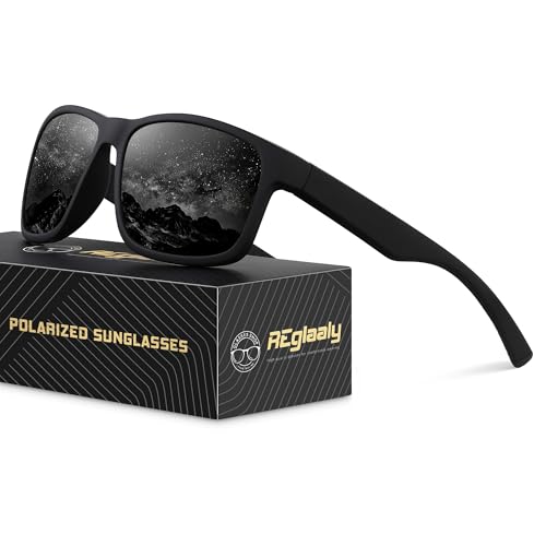 Reglaaly Polarized Sunglasses for Men Women, Lightweight Square Mens Sunglasses UV Protection for Driving Fishing Golf, A01-Black/Gray