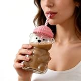 20oz Bear-Shaped Glass Cup, Cute Reusable Borosilicate Glass Tumbler with Lid and Straw for Coffee, Milk Tea, Cocktails, Birthday & Holiday Gift for Boys Girls Women (1, Pink)