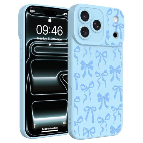 Image of Designed for iPhone 17 Pro Max Case, Cute Bowknot Bow Tie Pattern Liquid Silicone Phone Case, Slim Soft TPU Protective Cover for Women Girls, Light Blue