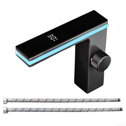 Entgoinggo Robinet de salle de bain intelligent à LED avec affichage numérique de la température, robinet d'eau avec bande lumineuse ambiante pour lavabo, mitigeur moderne avec filtre (noir)