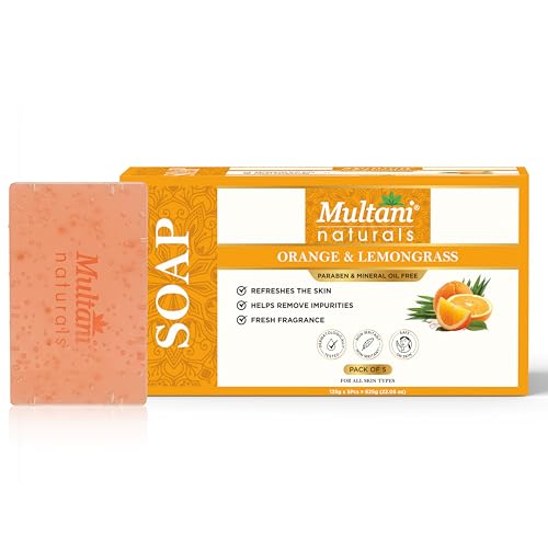 Image of Multani Natural Orange Lemongrass Soap - 125 gm (Pack Of 5) | Helps In Reducing Acne & Oil Control | Helps Revive Dull Skin & Refreshes Skin | Paraben Free | Clinically Tested | For All Skin Types | Soap Bar For Men & Women