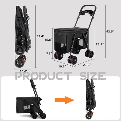 Tokenkuko Pet Stroller,Foldable Dog Cat Cage Jogger Strolle,Extra Large 4 Wheels Carrier Jogger Travel Dog Stroller Breathable Mesh with Storage Basket and Cup Holder for Small Medium Dog Cats(Black) - Thumbnail 2