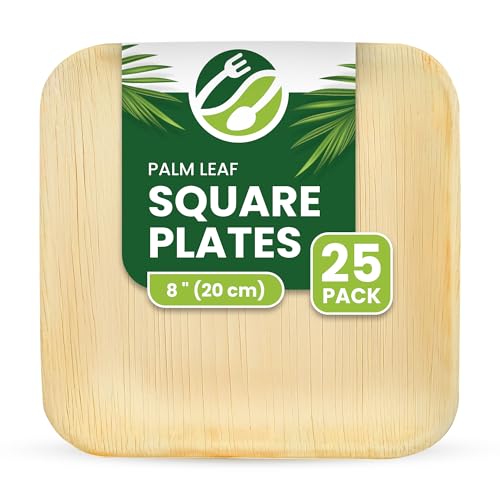 ECO Leaf 25 Pack 8”(20cm) Medium Square Disposable Palm Leaf Plates – Compostable, Biodegradable Bamboo Plates for Weddings, Parties & Picnics, Eco-Friendly, Microwave and Oven Safe